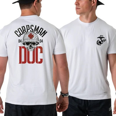 U.S. Navy Corpsman DOC T-Shirt, Skull Helmet Red Cross Design 2 Sides