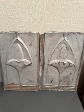 antique architectural salvage tin roof shingles with fleur de lis pattern