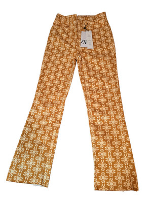 ZARA ZW The Dreed Flare Printed Jeans Mustard Orange Floral Abstract NWT Size 2
