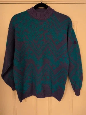 Vintage Women's Demetre Pure Virgin Wool Sweater Purple Turquoise Ladies Medium - Image 1 of 4