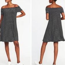 S Old Navy Swing Dress Black White Stripe Knee Length Off Shoulder Mini Midi