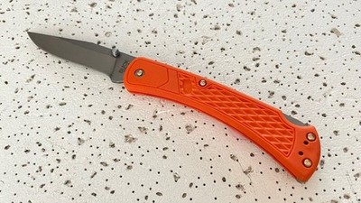 110USA BUCK Folding Pocket Knife Slim Orange Handle Lockback Plain Blade- - - -