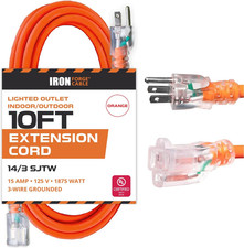 10 Ft Outdoor Extension Cord, Lighted - 14/3 SJTW Heavy Duty Orange Extension C