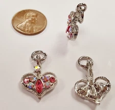 3 Vintage Crystal AB Pink Rhinestone 16mm Filigree Heart Silver Bead Charms E213