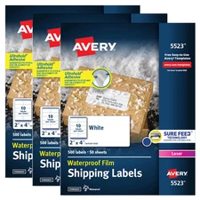 3 Pack Avery WeatherProof Shipping Labels White 2 x 4 500/Pack 5523