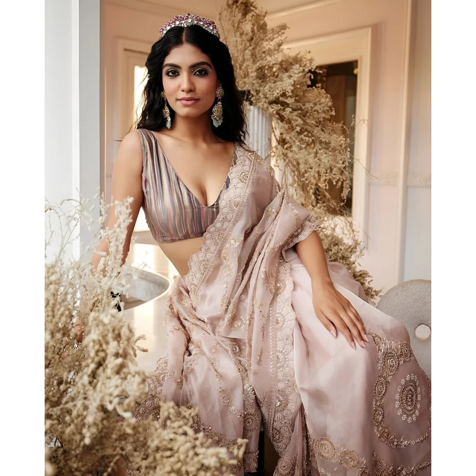 Nueva Blusa India Bollywood Satén Organza Boda Fiesta Ropa Sari Con Sin Costuras Foto 4 de 4
