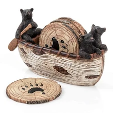Bear Coasters Set – 3 Adorable Handmade Black Bear Figurines Paddling in a Ca...