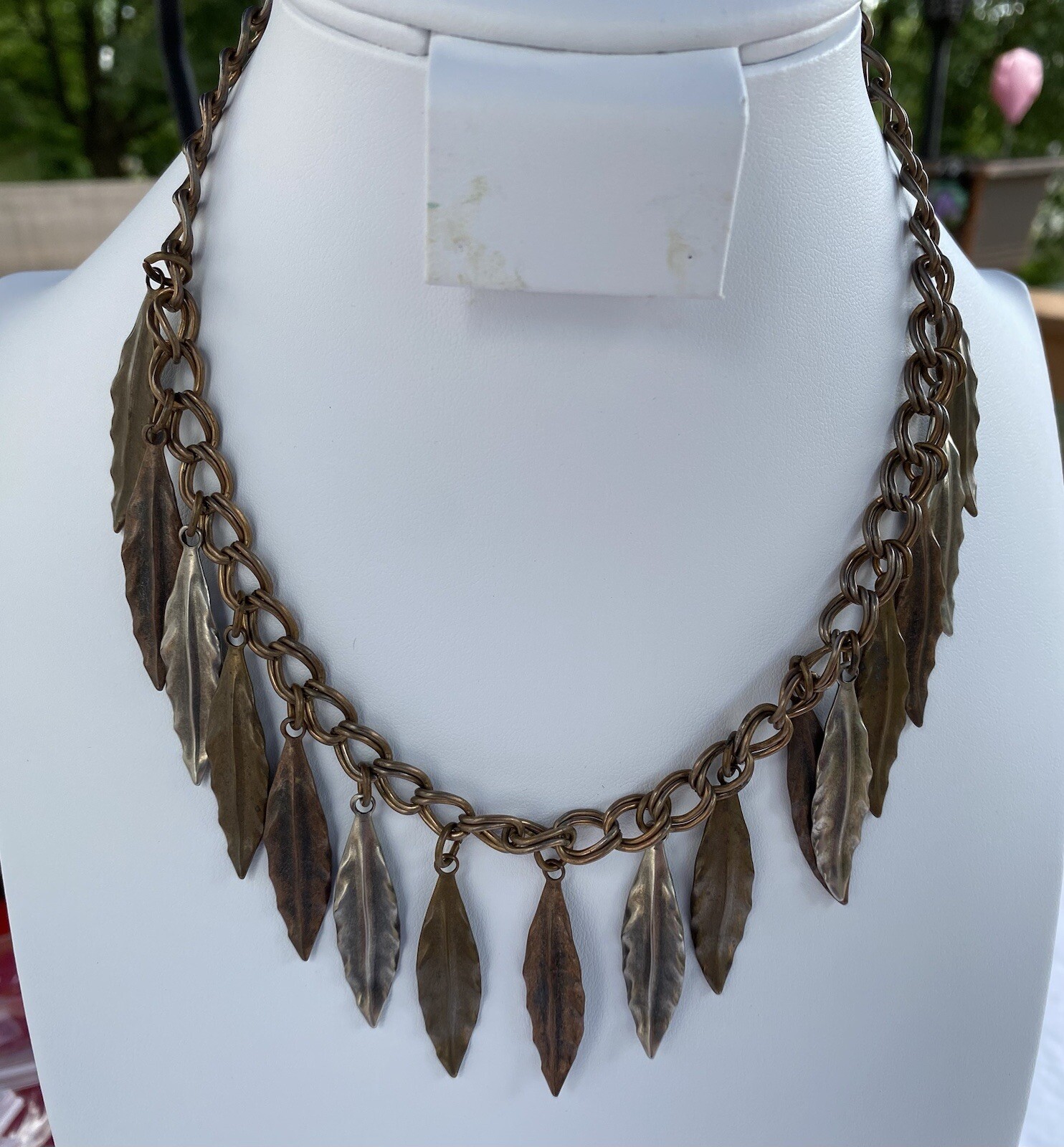 Vintage Brass Dangle Leaf Statement Necklace 16 I… - image 1