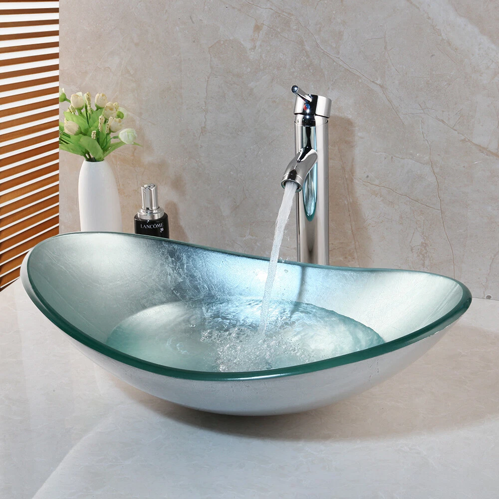 UK Oval Tempered Glass Vessel Sink Bathroom Vanity Basin Shape Bowl Mixer Taps