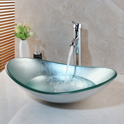 US Oval Tempered Glass Bathroom Vessel Sink Bowl Chrome Mixer Tap Faucet Set