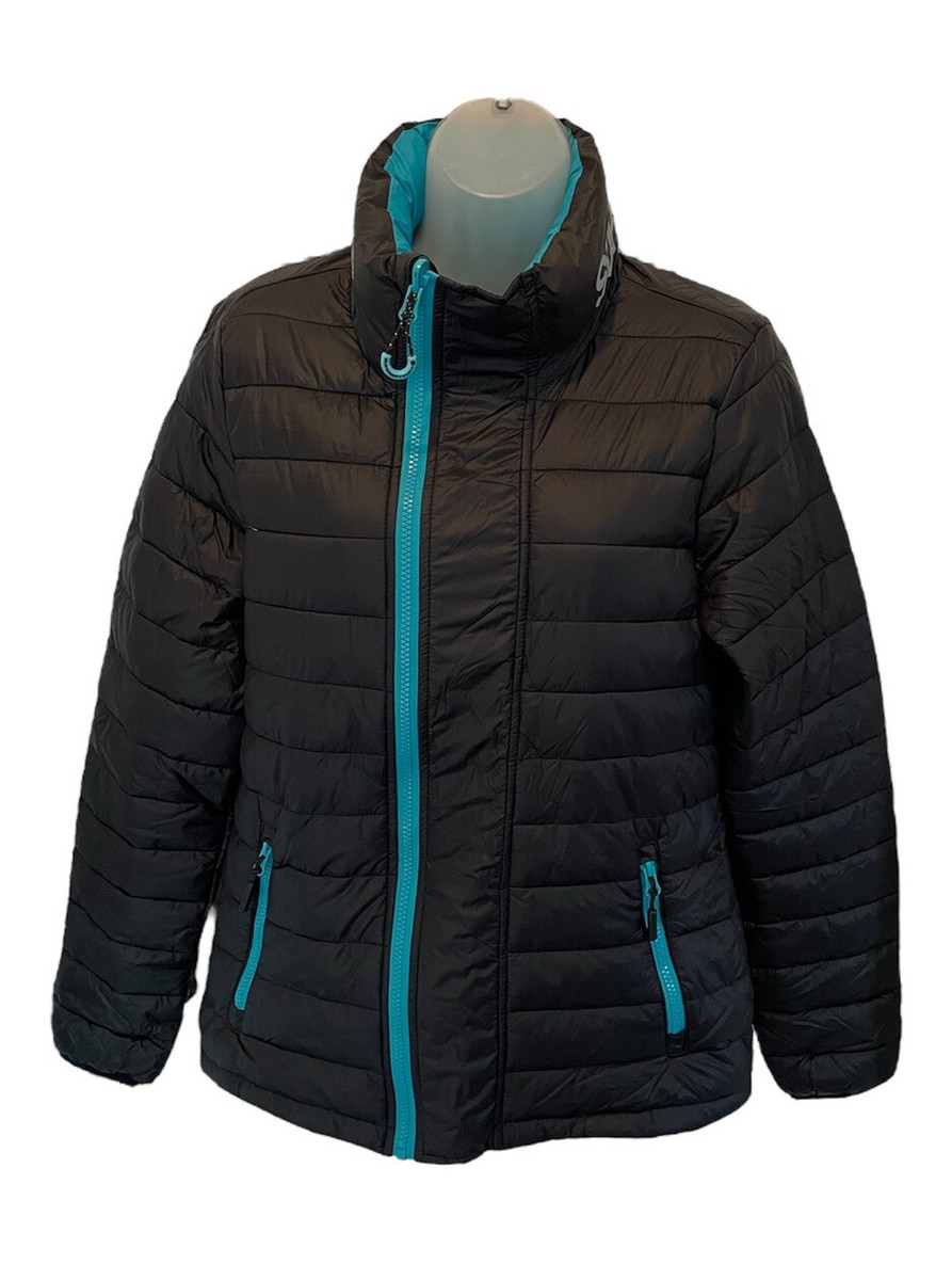 SUPERDRY Snow Ski Women's Black Padded Teal Trim JACKET Coat UK 14