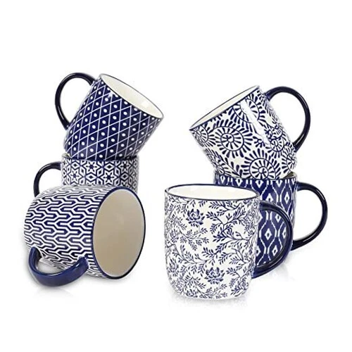 Porcelain 10 oz Coffee Mugs Set of 6 with Handle, Coffee 10 OZ Vintage Blue