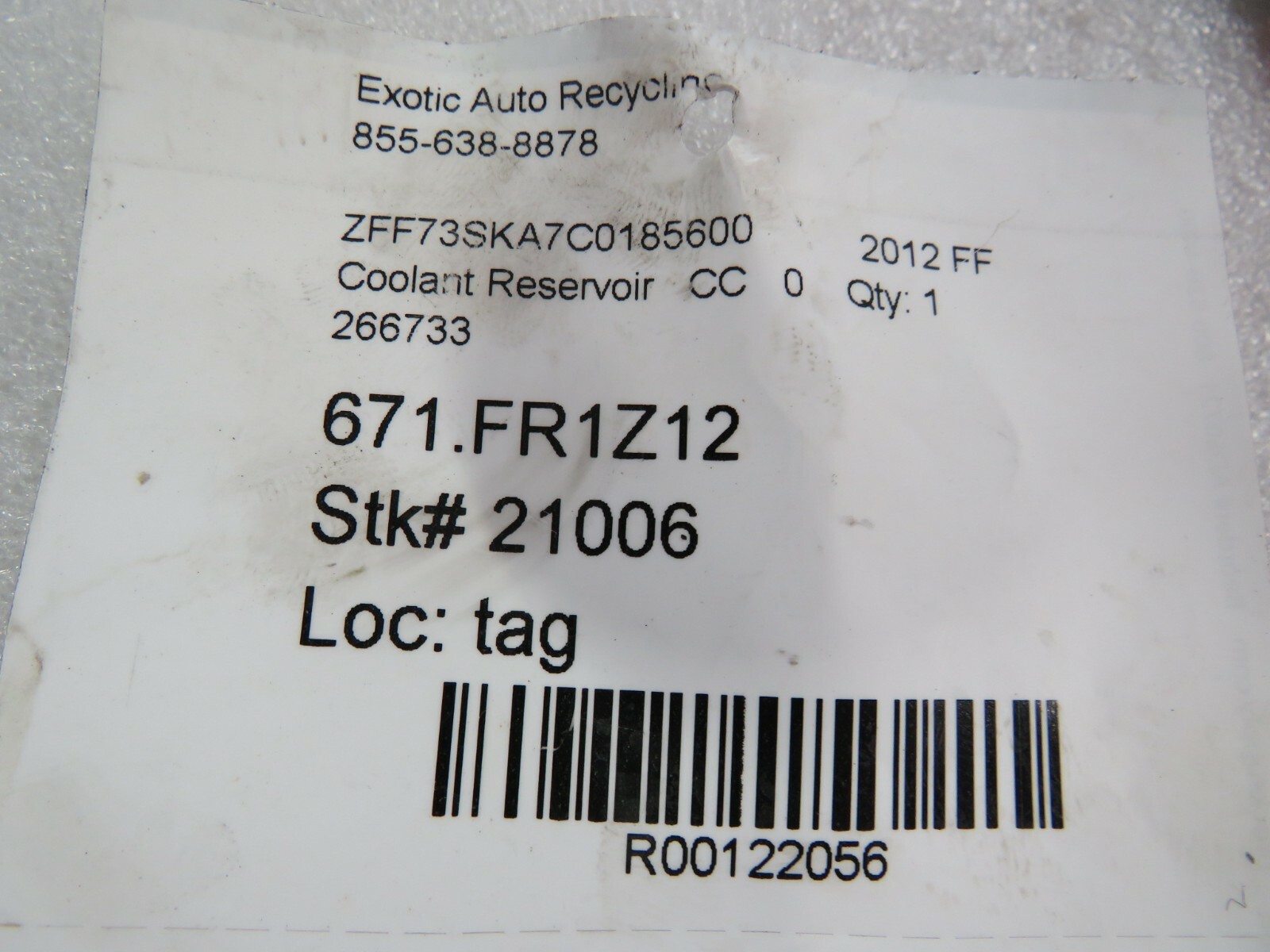 Ferrari FF, Coolant Reservoir, Used, P/N 266733