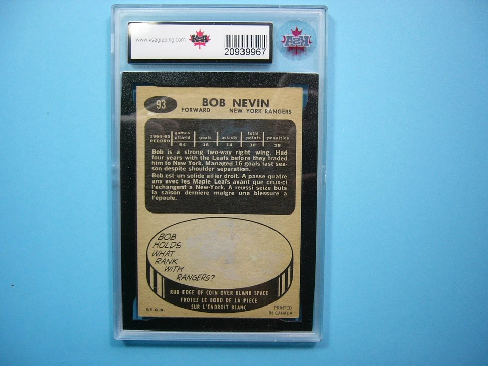 1965/66 TOPPS NHL HOCKEY CARD #93 BOB NEVIN KSA 6.5 EX/NM+ SHARP!! TOPPS - Image 2 of 2