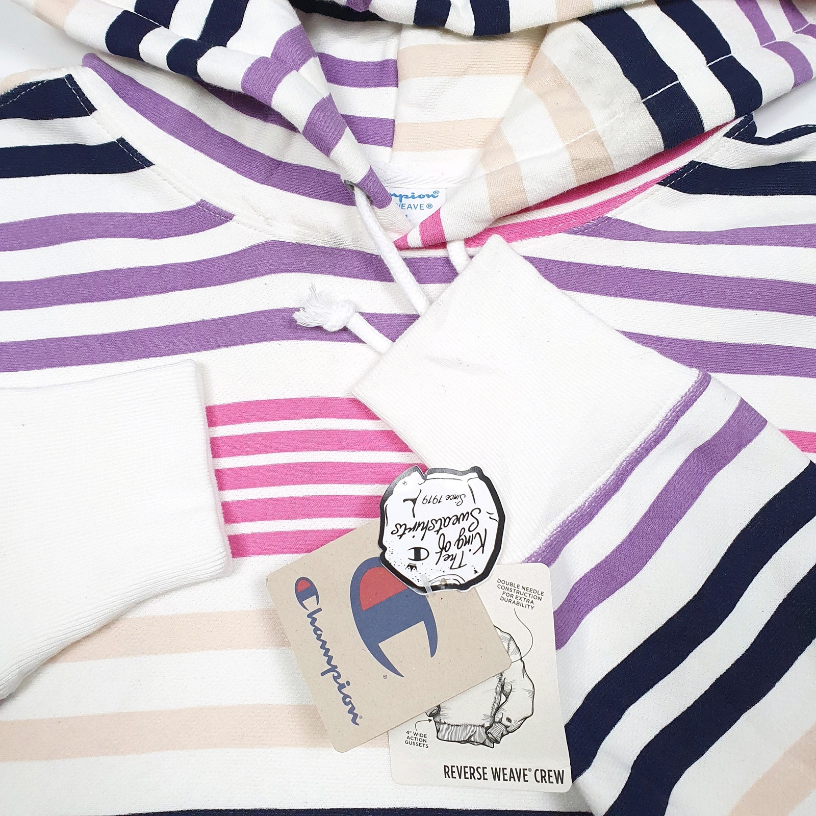 CHAMPION Hoodie Cropped Striped Reverse Weave Jumper Sweatshirt Womens S image 4