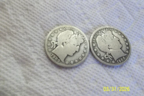 BARBER SILVER HALF DOLLAR LOT COIN PAIR 1908-D 1909 S