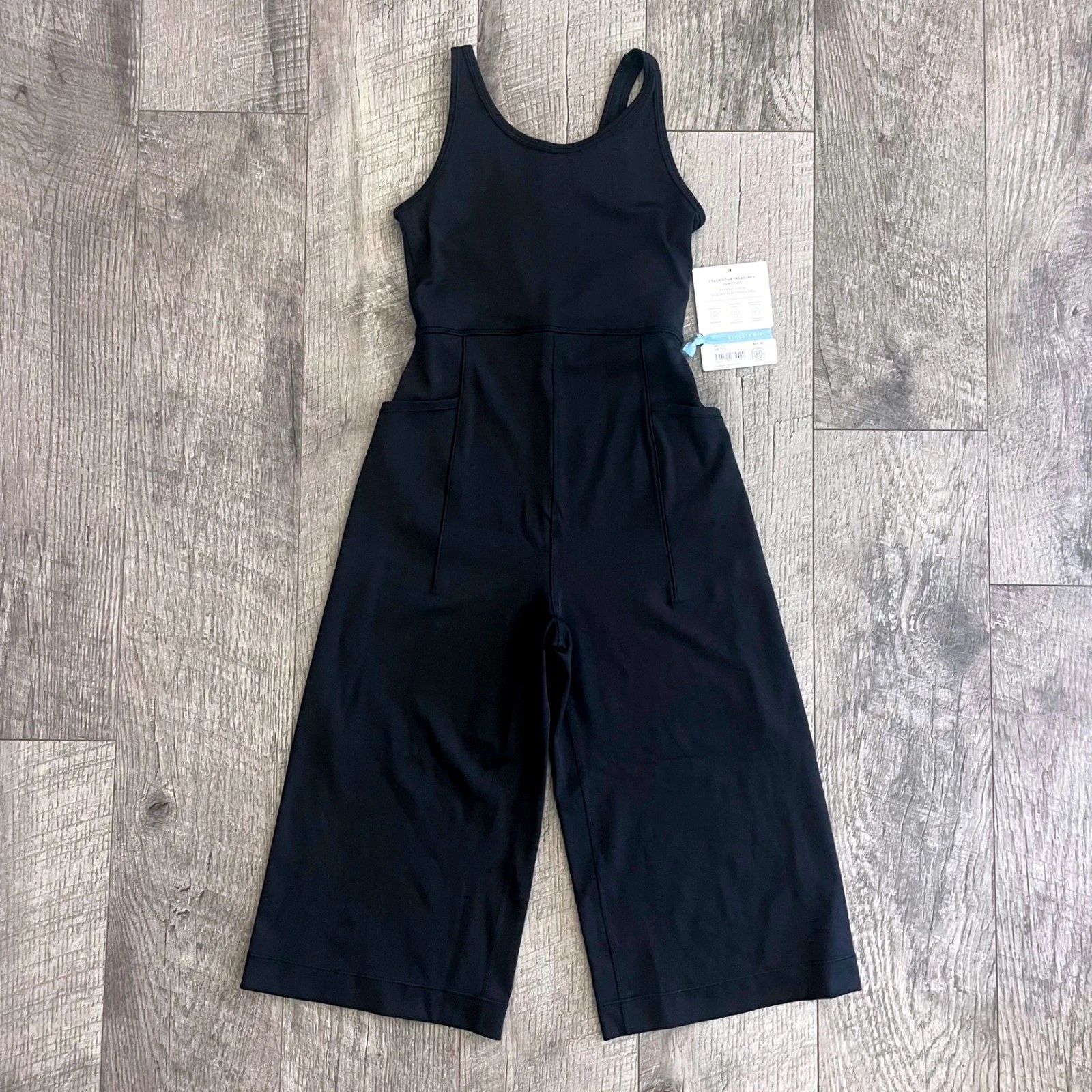 Athleta Girl Stash Your Treasures Jumpsuit Black Wide Leg Powervita XS 6 NWT
