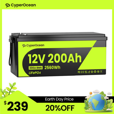 12V 200Ah 2560Wh Lithium LiFePO4 Battery 200A BMS 15000+ Cycles for RV Off-Grid