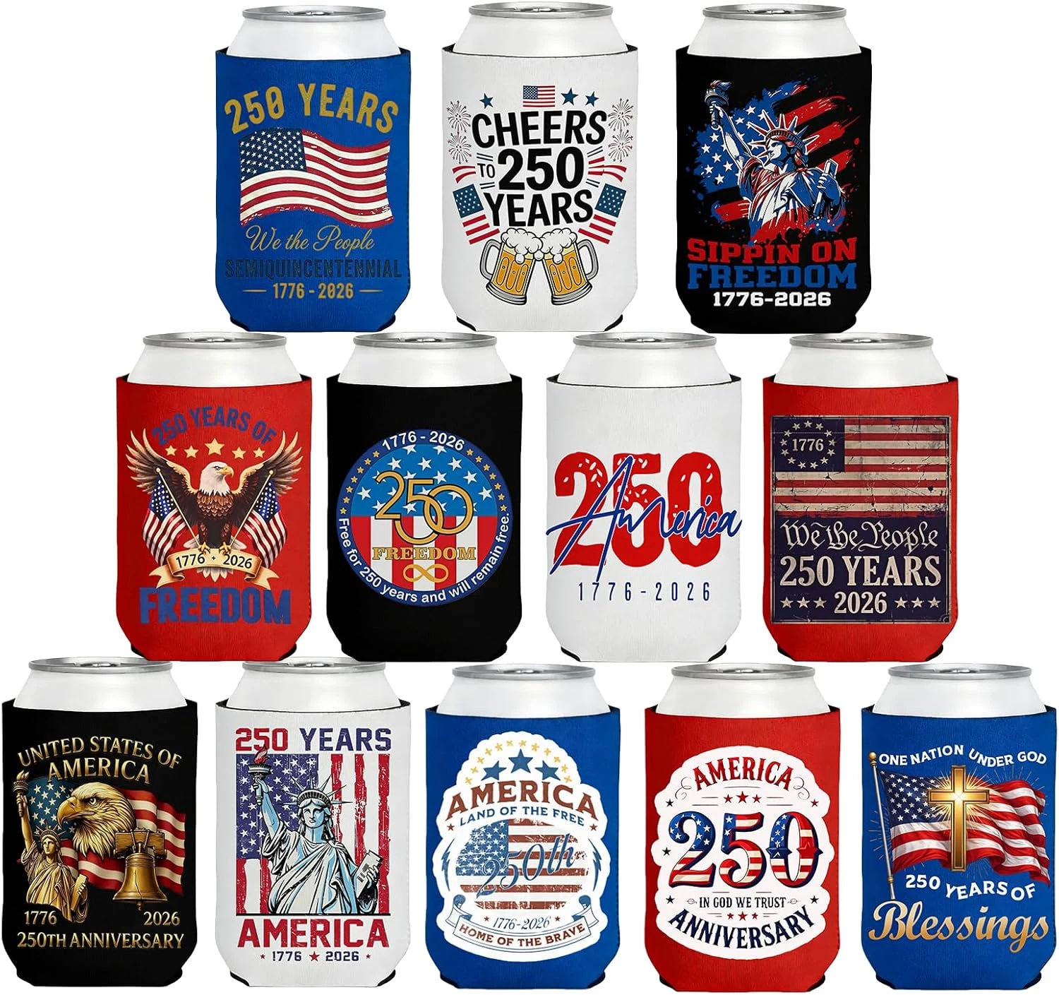 4th of July USA 250th Anniversary Can Cooler Sleeves 12Pcs Patriotic Insulated B
