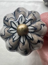 Ceramic Knobs Drawer Pulls Set of 4 Handpainted Gray Floral Boho 2 3/4” Long