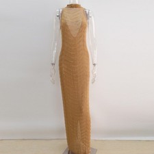 Gold Crystal Maxi Open Back Dress Sequin L