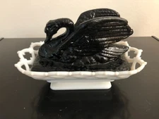 Westmoreland Black White Milk Glass Raised Wing Swan Covered Dish