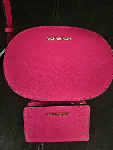Michael Kors Jet Set Travel Electric Pink Leather Crossbody & Wallet 2pc Set