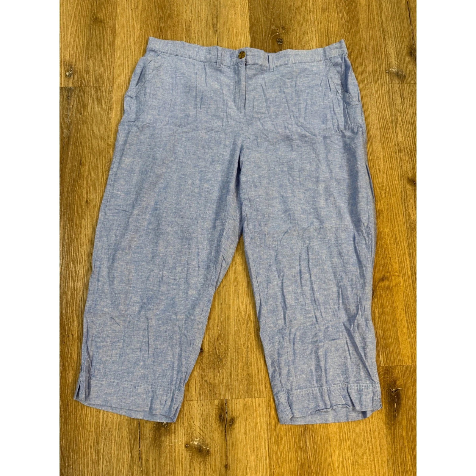 Talbots Cropped Linen Cotton Pants Womens 20W Blue Wide Leg Coastal Summer Capri