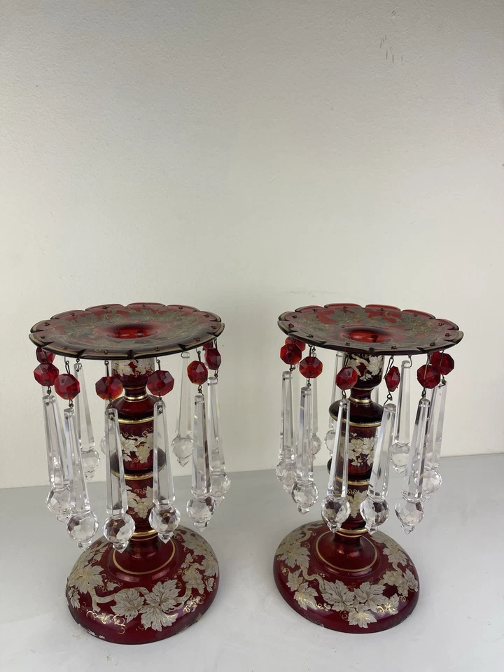 PAIR OF 19 C. HAND GOLD PAINTED RUBY MOSER LUSTERS LUSTRES OVERLAY MUSEUM G2U - Image 3 of 4