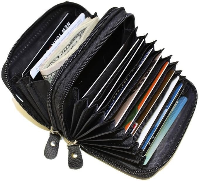 Men's Genuine Leather Wallet – Anti-Theft RFID Blocking, Large Capacity, Double Fold With Zipper Coin Pocket, Black - View #2