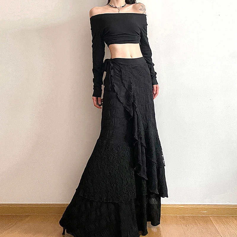 Y2K Black Long Skirt Women Harajuku Gothic Lace Asymmetrical Maxi Skirts Summer
