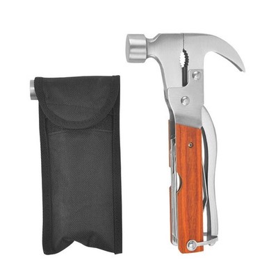 Multitool Claw Hammer - 16-in-1 Survival Tool with Wooden Handle for Camping