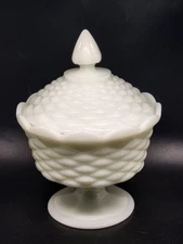 Vintage Large Milk Glass Diamond Pattern Footed Pedestal Covered Candy Dish