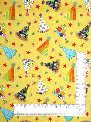 Birthday Party Hat Fabric Yellow Lets Eat Cake Blank Quilting Cotton By The Yard