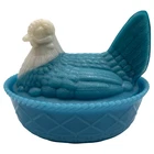 Blue with White Head Hen on Nest Glass Dish Westmoreland Basket HTF Vintage READ