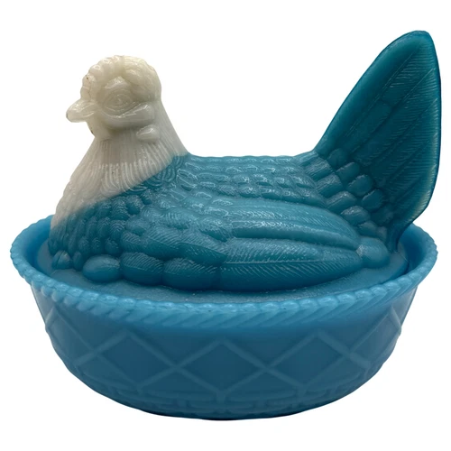 Blue with White Head Hen on Nest Glass Dish Westmoreland Basket HTF Vintage READ