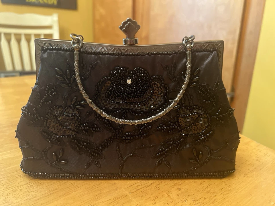 Bolso sin asas vintage de lentejuelas bordado con cuentas florales de lentejuelas para mujer Foto 2 de 4