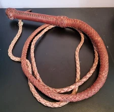 Vintage Bullwhip Swivel Handle Leather Western Rodeo Cowboy 8.3ft Red Braided