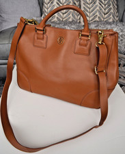 Tory Burch Leather Robinson Double Zip Tote Large Chestnut Brown Orange interior