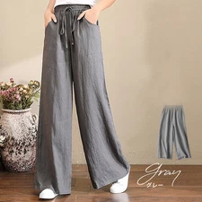 Leg Solid Loose Drawstring Waist Pants Summer Linen High Palazzo Women's Wide1