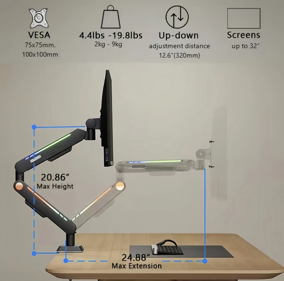 Theark RGB Gaming & Office Monitor Arm 27"-32" Desk Mount, Adjustable Stand - Image 2 of 4