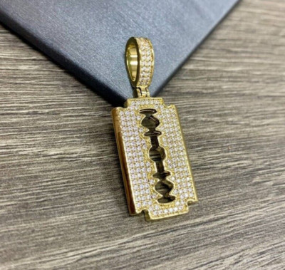 2.00 Ct Natural Moissanite Men's Razor Blade Pendant 14K Yellow Gold Plated