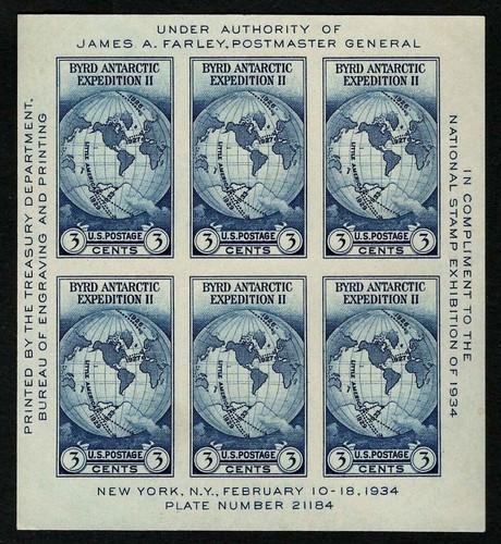 US 1934 #735 - 3c Byrd Exhibition National EXPO Souvenir Sheet Mint NGAI MNH VF
