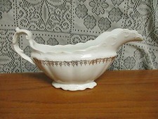 Vintage - White Gravy Boat - Gold Design - Embossed Swirls