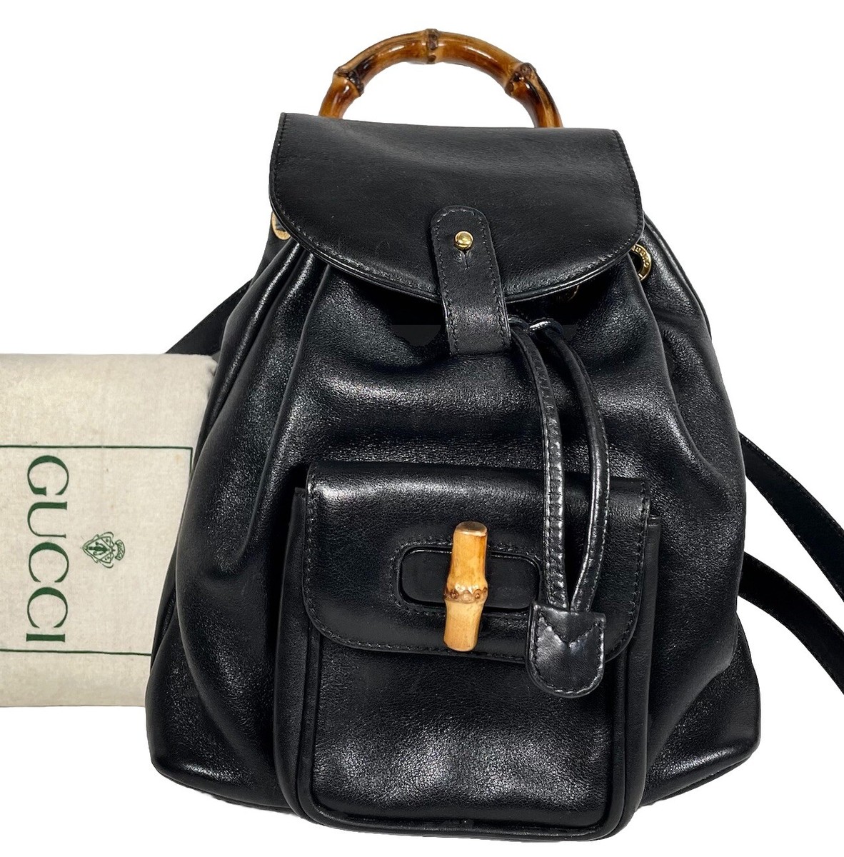 Vintage Gucci Bamboo Backpack Drawstring Bag Black Leather  display picture 2