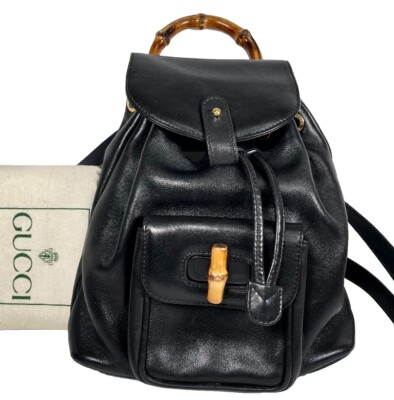 Vintage Gucci Bamboo Backpack Drawstring Bag Black Leather Purse GG  Authentic