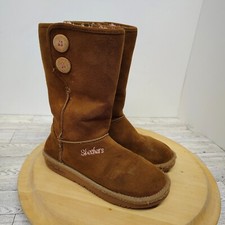Skechers Kids Girls Size 3 Brown Faux Suede Winter Boots Buttons Pink Lining
