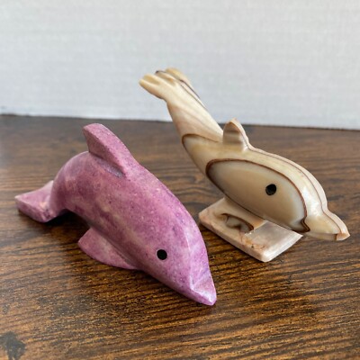Vintage Marbled Dolphin Stone Carved Figurines Paperweight _Lot of 2