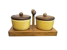 Vintage MCM Sugar And Creamer Set Yellow Ceramic W/ Wooden Lids And Wooden Base