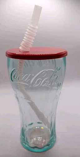 Vintage Coca Cola Cup Plastic with Red Lid Straw Clear